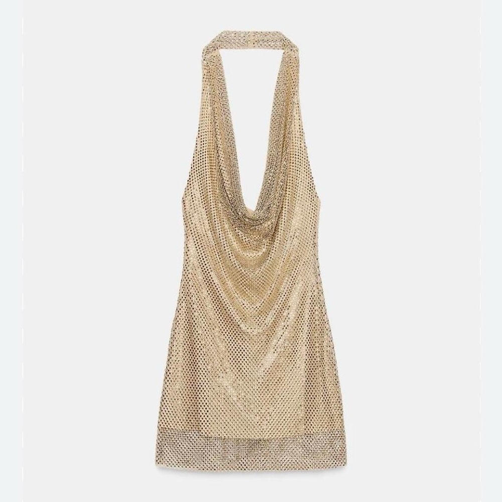 Zara Sparkly Rhinestone Mesh Halter Neck Mini Dress